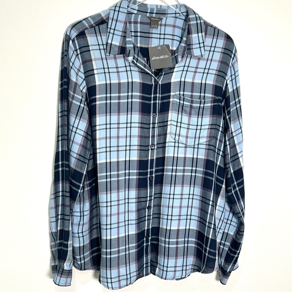Eddie Bauer Tranquil Long Slv Plaid One Pocket Flannel Shirt Medium Indigo NEW